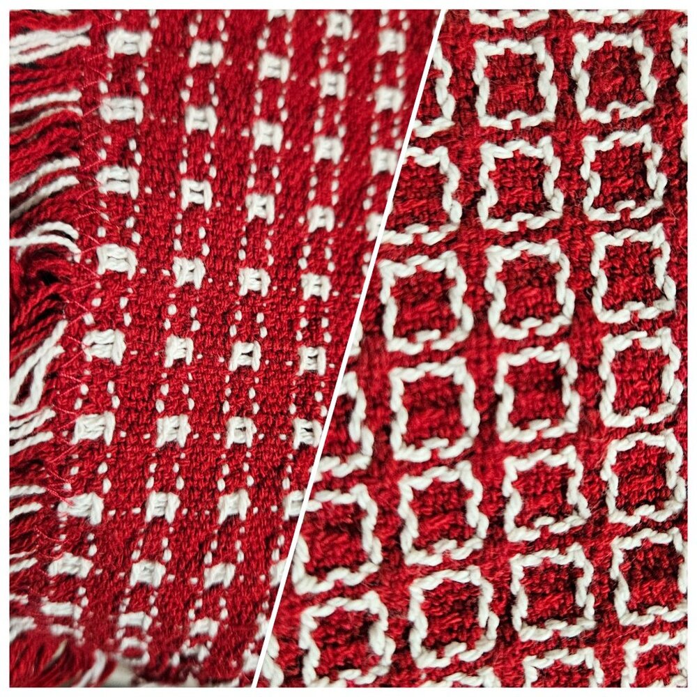 Wool Blend Blanket Throw Sarape Red White Textured Woven Thick Fringe 79" x 56"